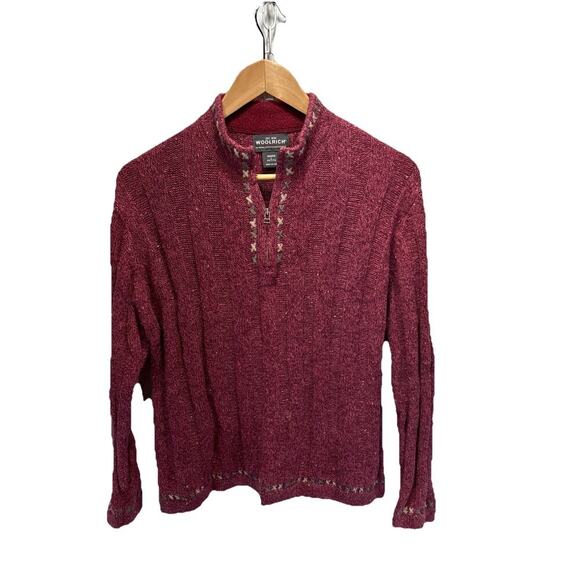 Woolrich 1/4-Zip Wool Blend Sweater Women Lg Petite Rosebud Red Nordic Winter - Picture 1 of 10